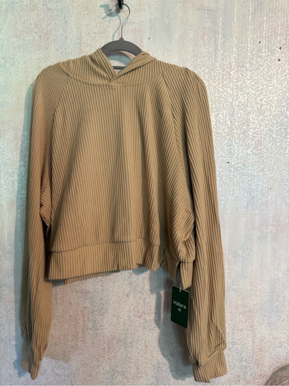HALARA Crpped, Ribbed Hooded Pullover Sweater in Tan, Cool Summer Evening XL